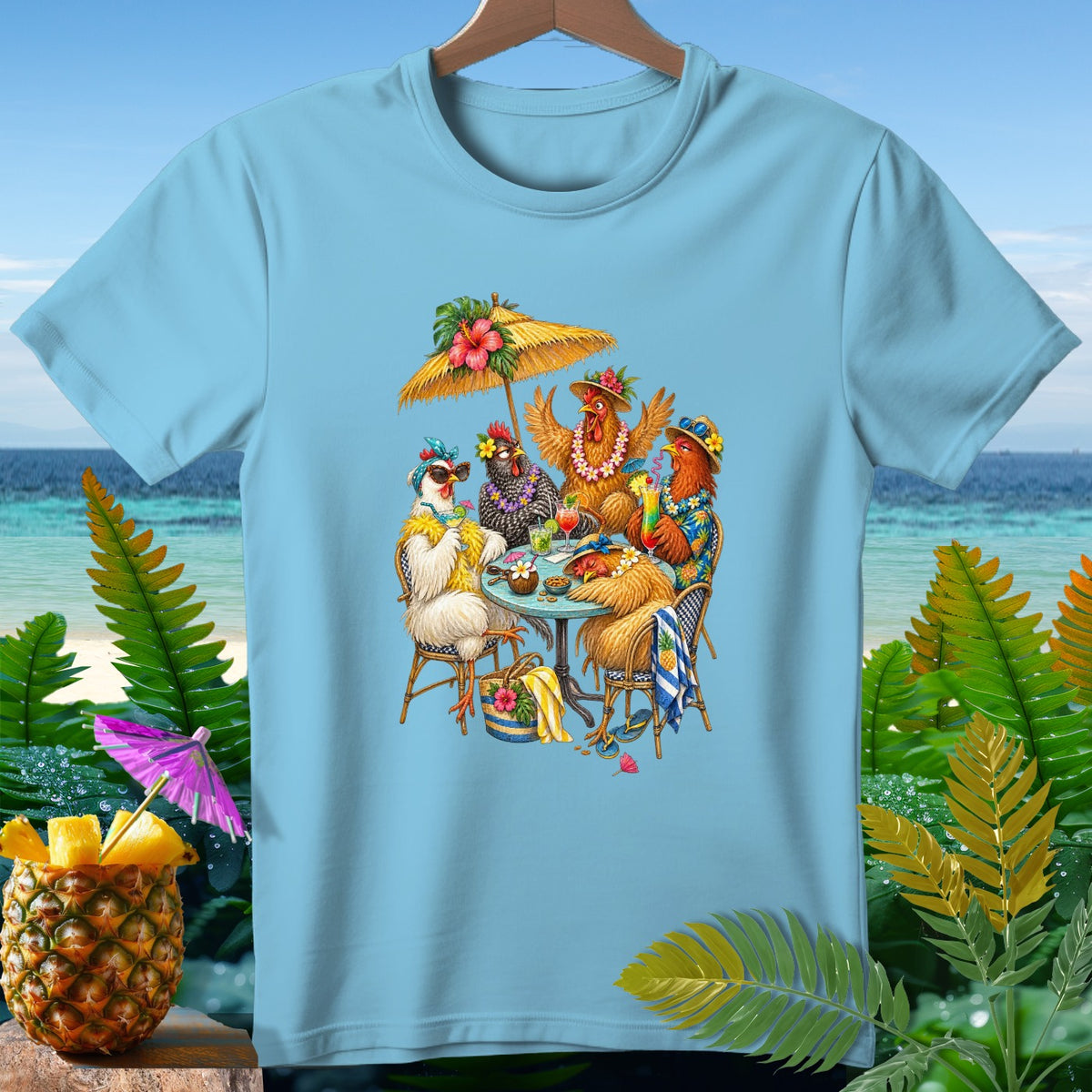Four chickens wearing leis and hats sit at a table under a palm umbrella.