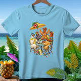 Four chickens wearing leis and hats sit at a table under a palm umbrella.