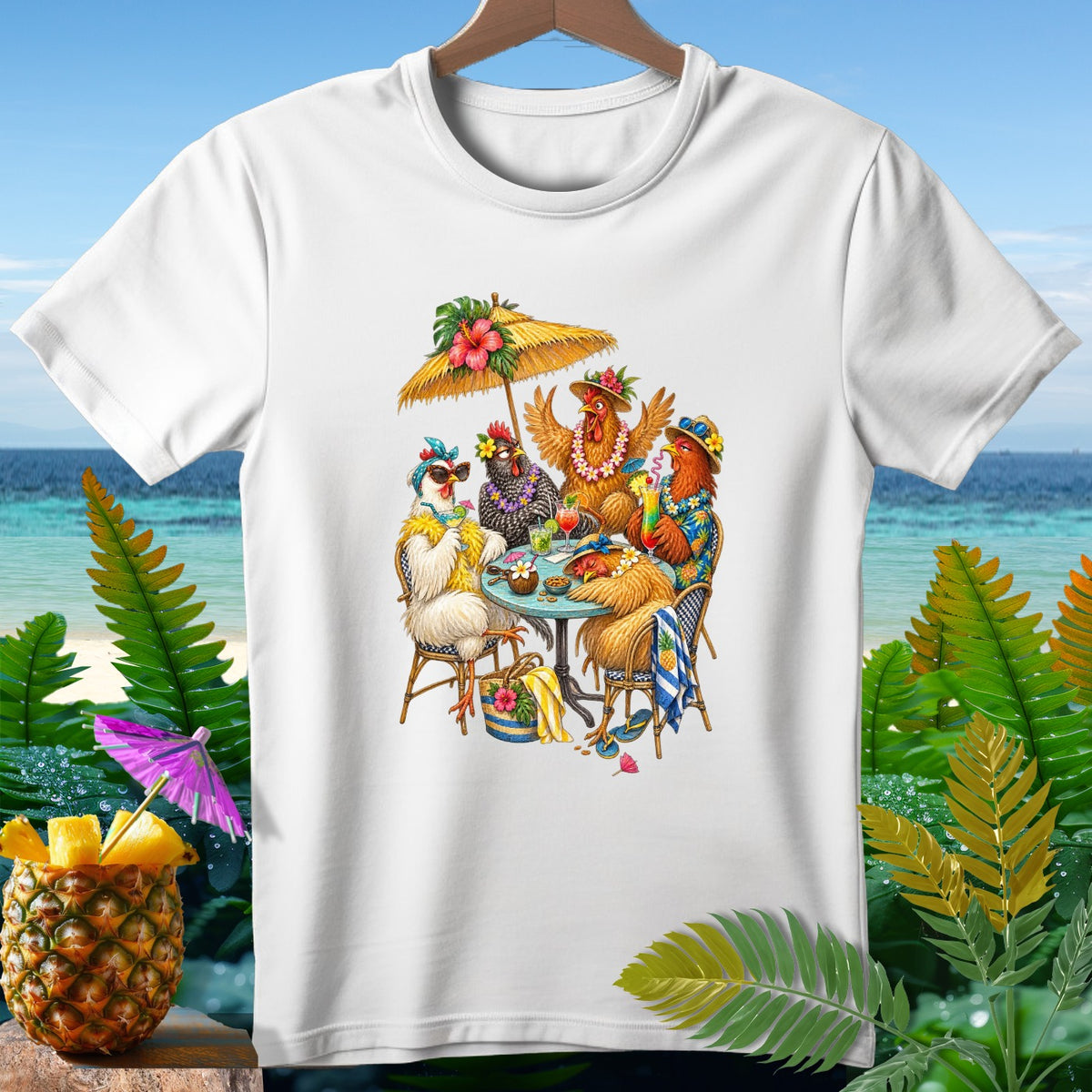 Chickens in Hawaiian shirts and hats relax at a table by the beach.