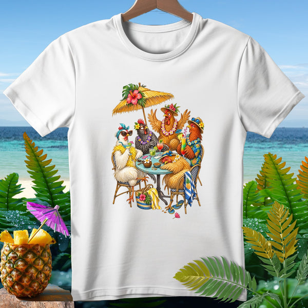 Chickens in Hawaiian shirts and hats relax at a table by the beach.