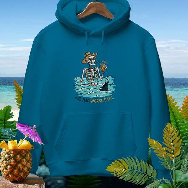 Teal hoodie with skeleton in ocean graphic and text "I've had worse days."