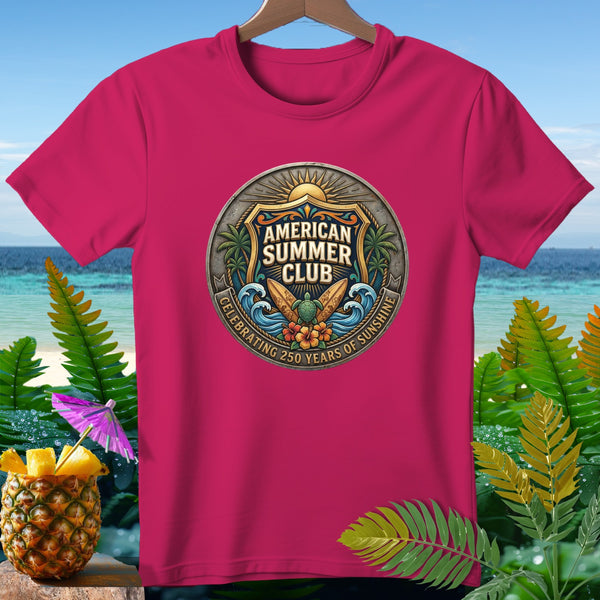 Pink t-shirt with "American Summer Club" celebrating 250 years of sunshine crest.