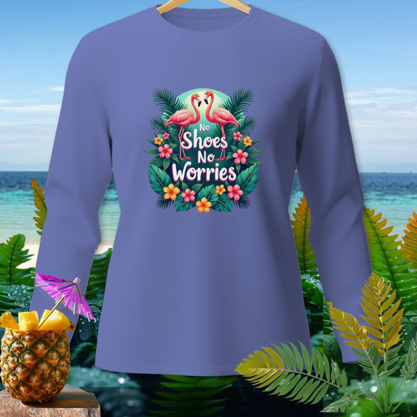 Purple long-sleeve shirt with flamingos and "No Shoes No Worries" text.
