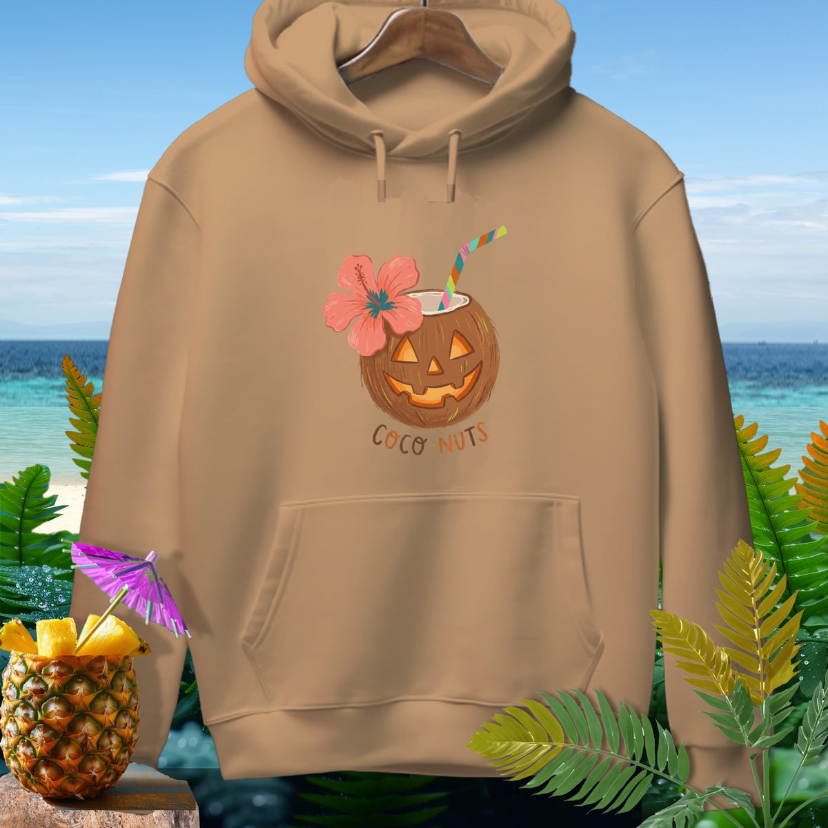 Tan hoodie with a smiling coconut drink and "Coco Nuts" text.