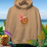Tan hoodie with a smiling coconut drink and 