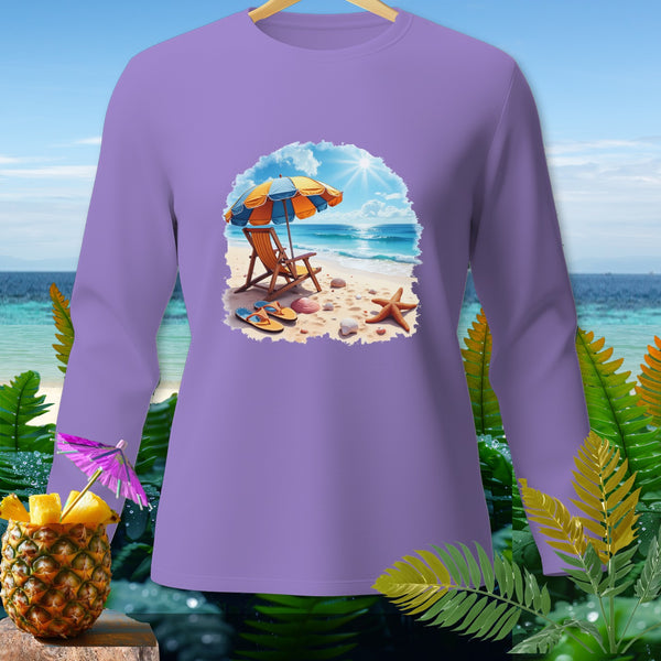Purple long-sleeve shirt with a beach scene graphic: chair, umbrella, flip-flops, shells.