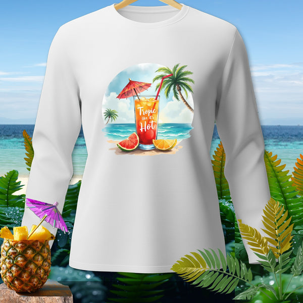 White long-sleeve shirt with "Tropic like it's Hot" tropical drink graphic.