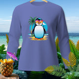 Long sleeve shirt featuring a cartoon penguin wearing sunglasses on a beach.