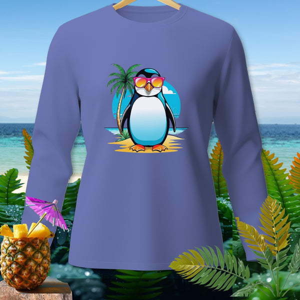 Long sleeve shirt featuring a cartoon penguin wearing sunglasses on a beach.