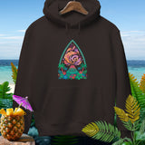 Brown hoodie with a colorful volcanic island graphic.