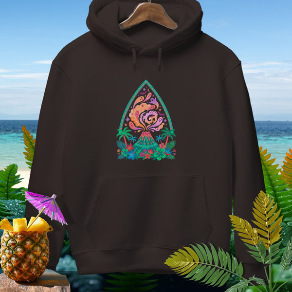 Brown hoodie with a colorful volcanic island graphic.