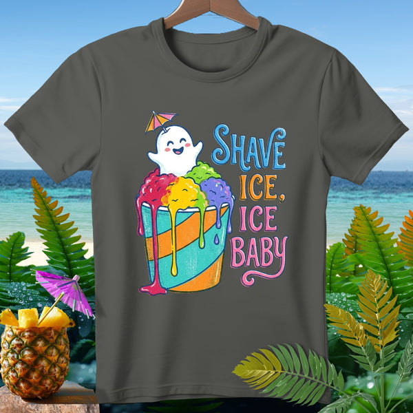T-shirt with a cartoon ghost sitting on colorful shave ice with text "Shave Ice, Ice Baby".