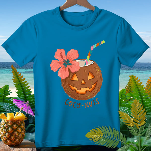 Blue t-shirt with a jack-o'-lantern coconut, hibiscus flower, and "Coco-Nuts" text.