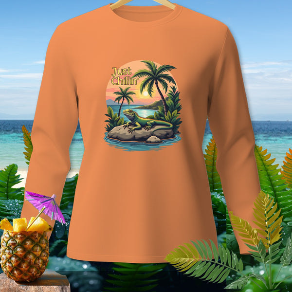 Orange long-sleeve shirt with "Just Chillin" text and iguana tropical scene graphic.