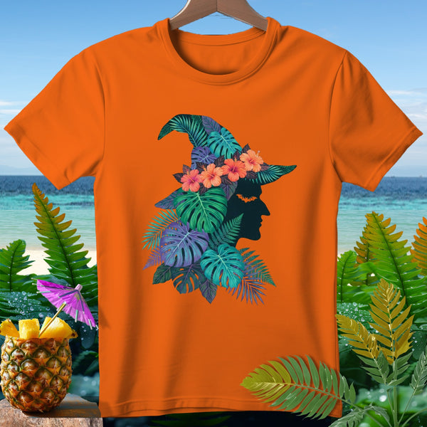 Orange t-shirt with tropical witch silhouette graphic and floral hat.