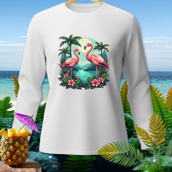 White long-sleeve shirt with tropical flamingo graphic and pineapple drink.