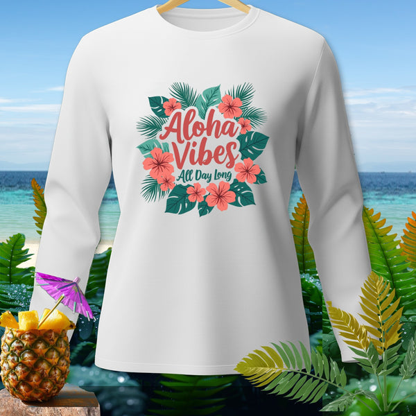 White long-sleeved shirt with "Aloha Vibes All Day Long" floral design.