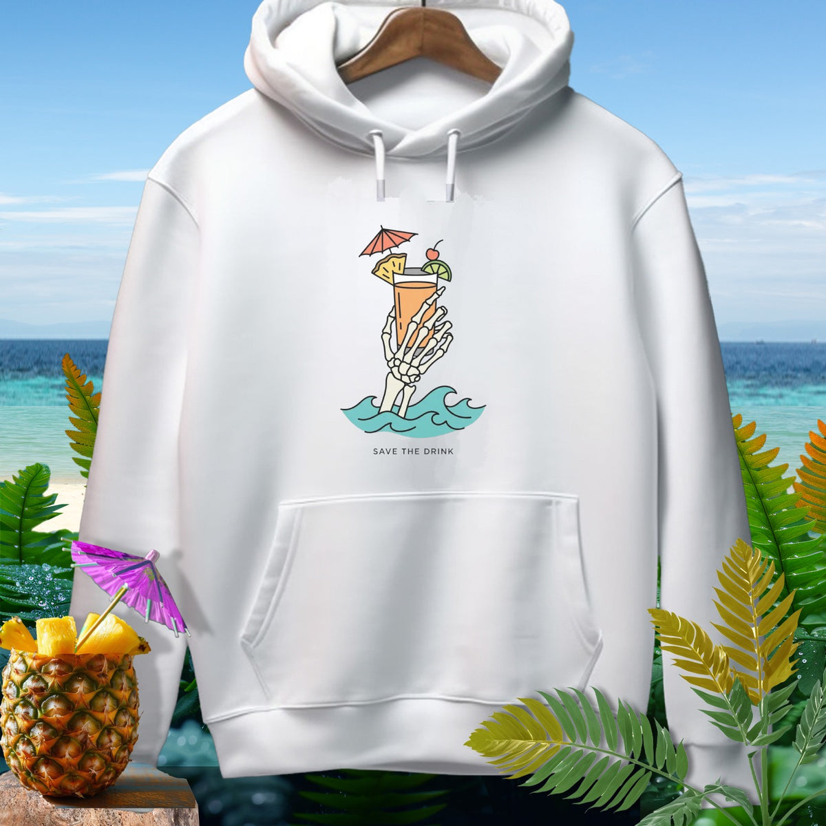 White hoodie with skeleton hand holding a tropical drink and "Save the Drink" text.