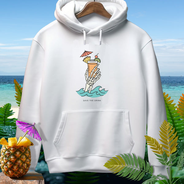 White hoodie with skeleton hand holding a tropical drink and "Save the Drink" text.
