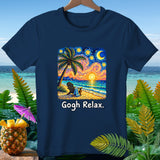 Navy t-shirt with a beach scene print and text 