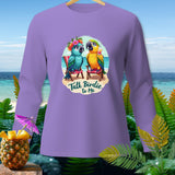 Long-sleeve lilac t-shirt with cartoon parrots on beach chairs and 