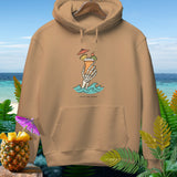tan hoodie with skeleton hand holding cocktail, 