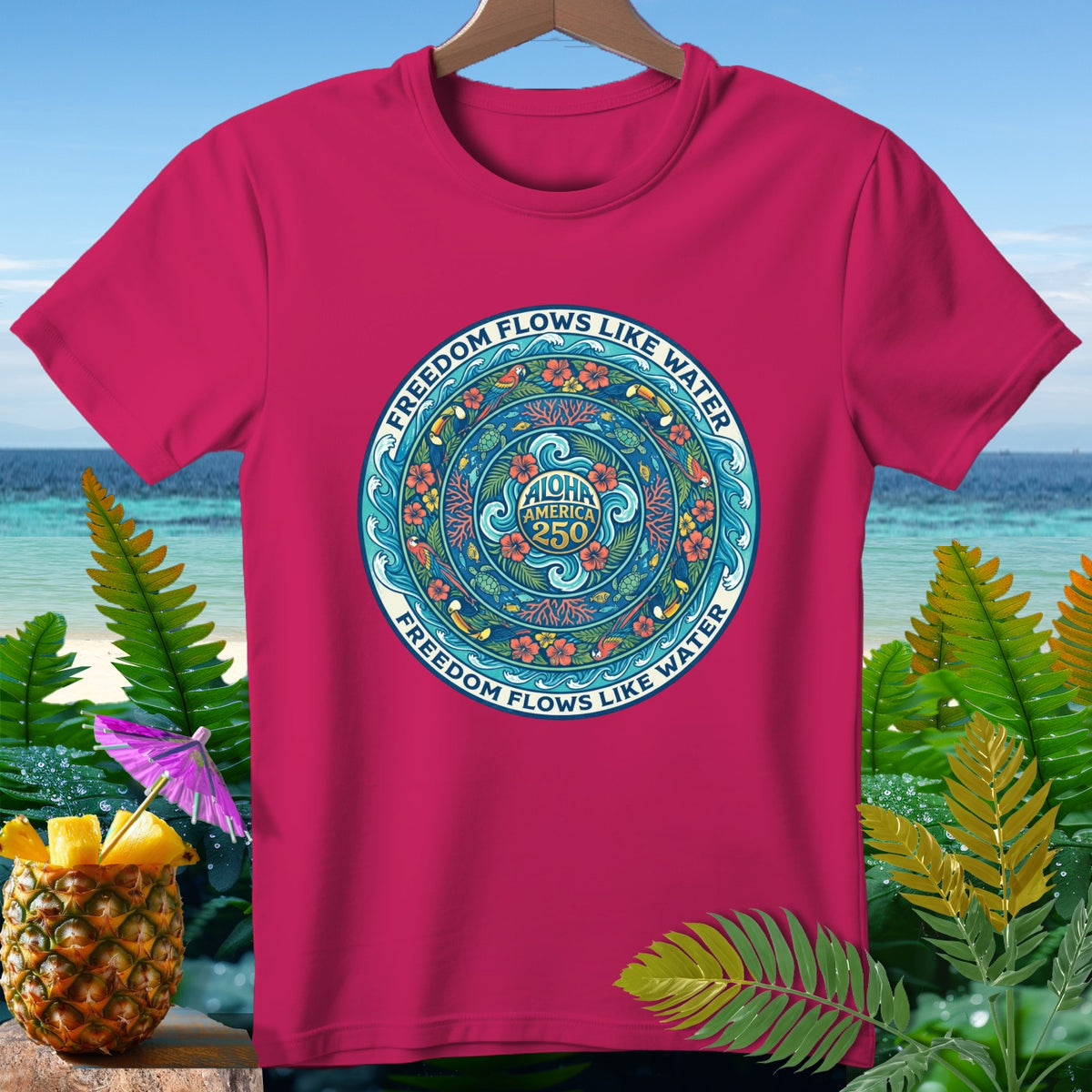 Pink t-shirt with circular design containing "Aloha America 250" and "Freedom Flows Like Water".