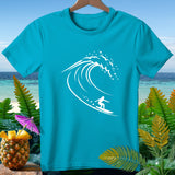 Turquoise t-shirt with white surfing wave and surfer design.
