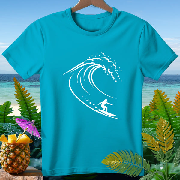 Turquoise t-shirt with white surfing wave and surfer design.