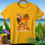 Yellow t-shirt with crabs holding a coconut drink and the text 