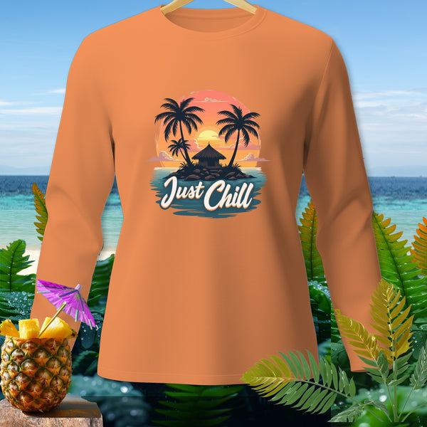 Orange long-sleeve shirt with tropical island graphic and "Just Chill" text.