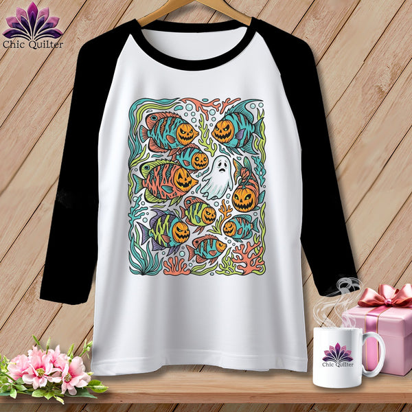 Raglan t-shirt featuring Halloween fish, pumpkins, and a ghost design.
