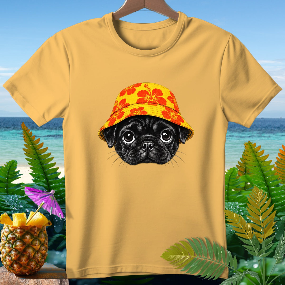 Yellow t-shirt with a black pug wearing a yellow bucket hat with red hibiscus flowers.