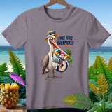Gray t-shirt with a pelican stuffed with beach items and the text 