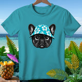 Teal t-shirt with black French bulldog wearing a blue hibiscus hat.