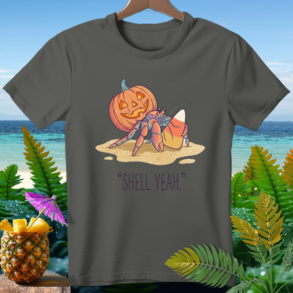 Hermit crab with pumpkin and candy corn, saying "Shell Yeah."