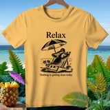 Yellow t-shirt with a pelican relaxing on a beach chair, text says 
