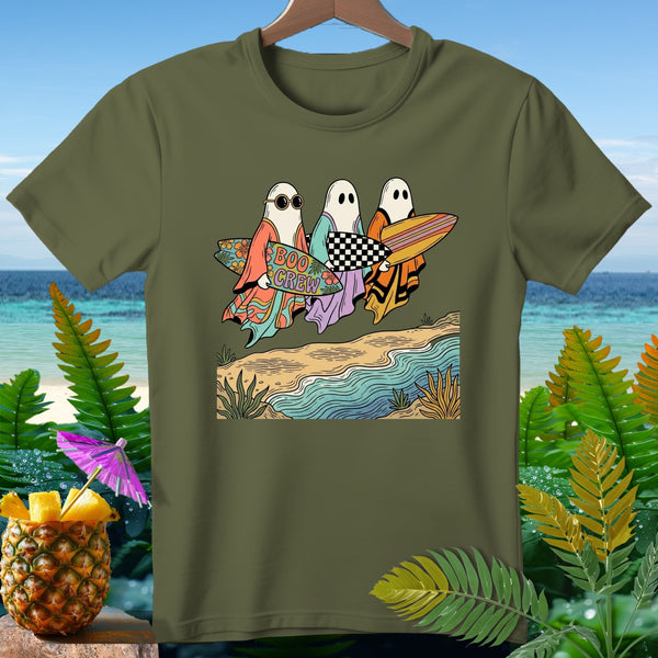 Three ghosts carrying surfboards with text "BOO CREW" on a beach scene.