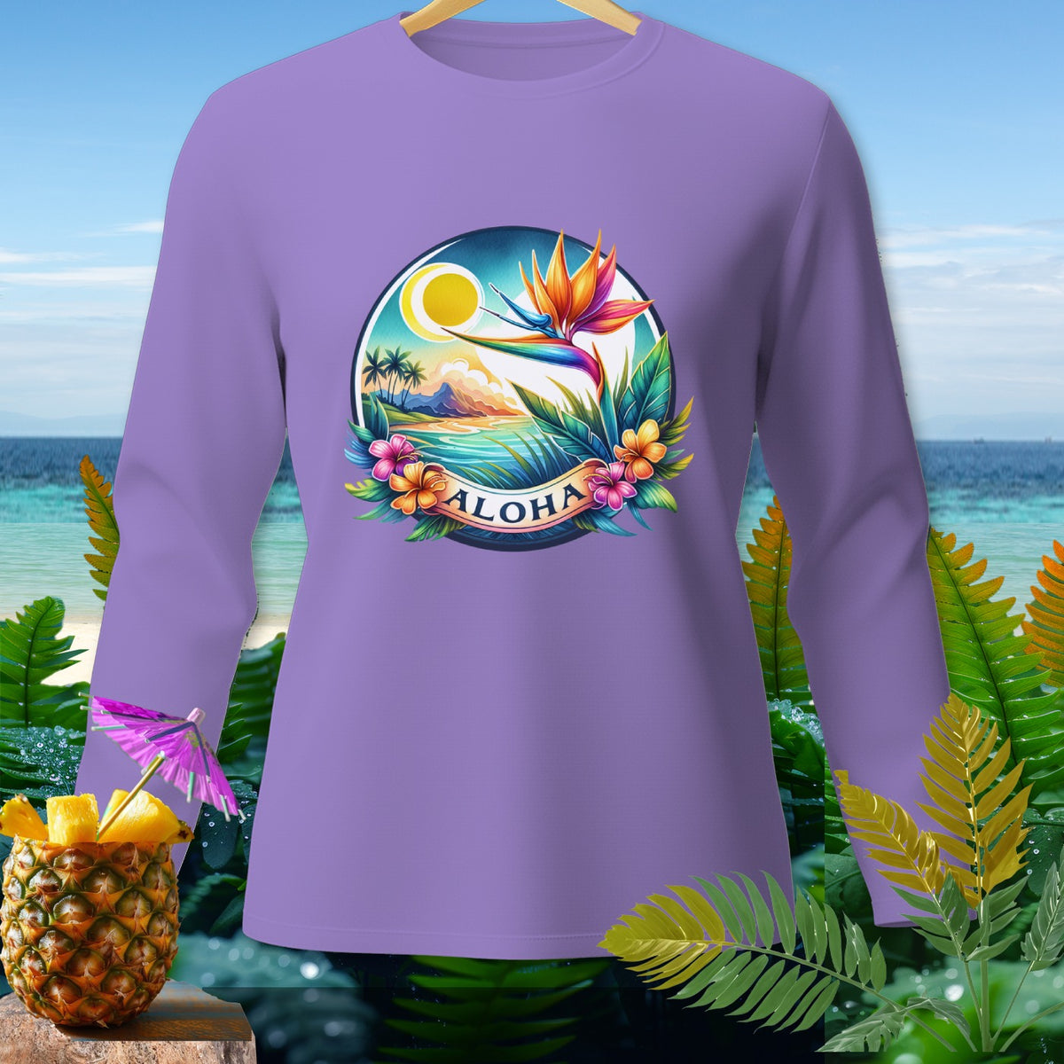 Purple long-sleeve shirt with a tropical "Aloha" graphic and floral border.