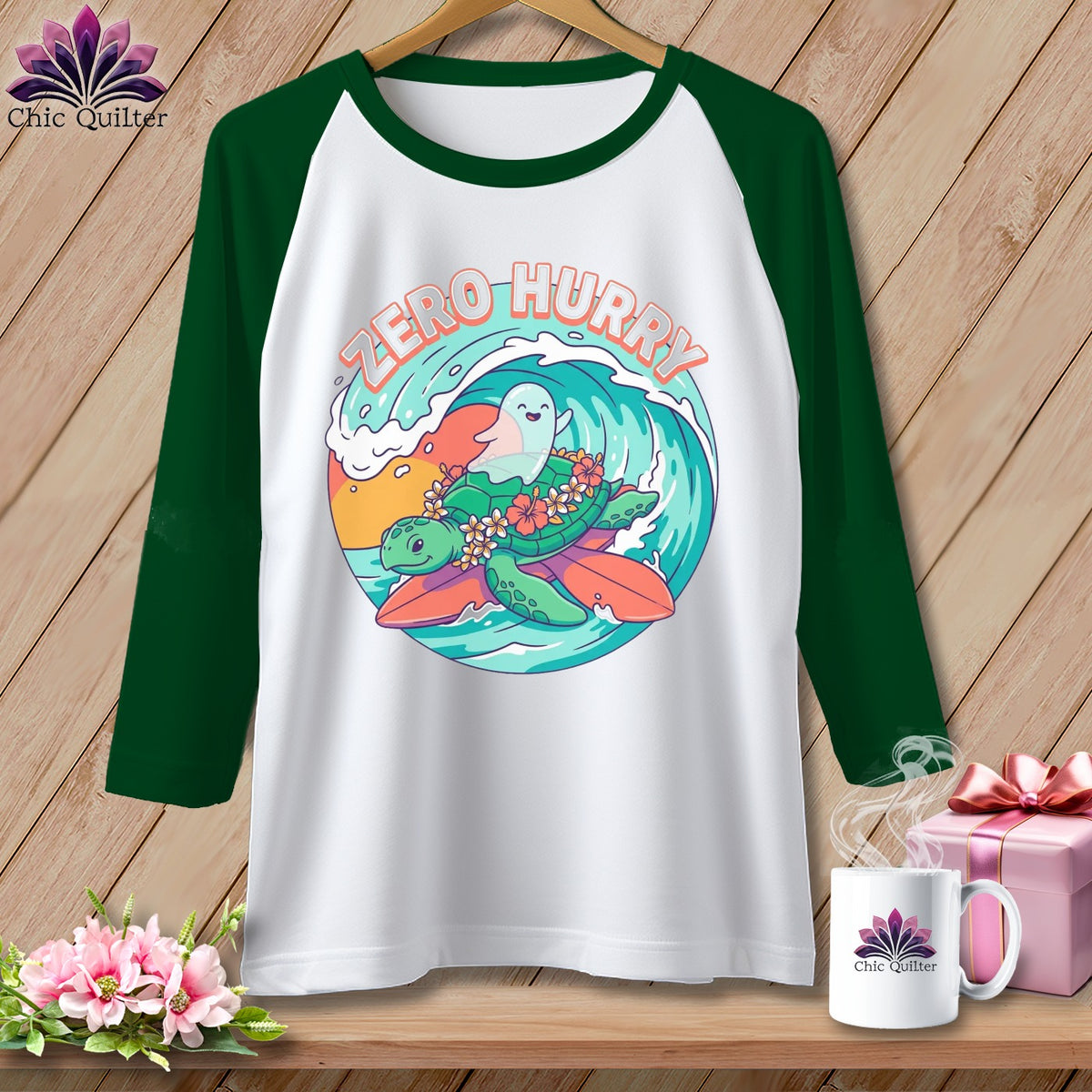 Raglan shirt with a turtle and ghost surfing a wave, text says "ZERO HURRY".