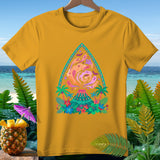 Yellow t-shirt with a colorful volcano, ghosts, bats, and tropical plants design.
