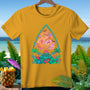 Yellow t-shirt with a colorful volcano, ghosts, bats, and tropical plants design.