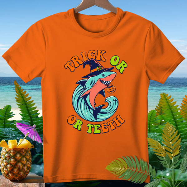 Orange t-shirt with shark wearing witch hat, "Trick or Teeth" text.