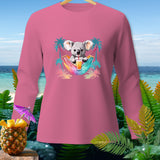 Pink long-sleeve shirt with a cartoon koala in a hammock and palm trees.