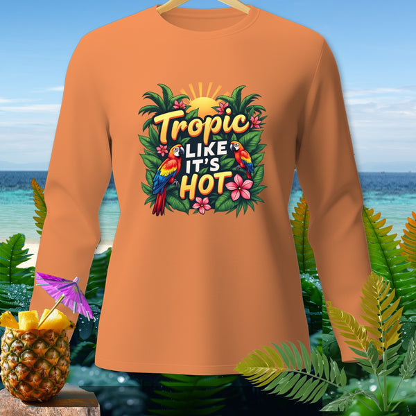 Orange long-sleeve shirt with "Tropic Like It's Hot" and parrots graphic.