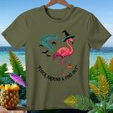 Pink flamingo in witch hat with pumpkin, 
