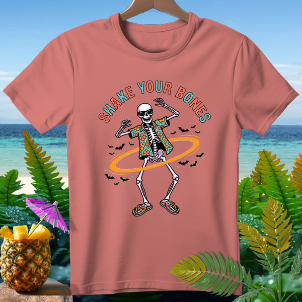 Salmon t-shirt with a dancing skeleton wearing sunglasses and a Hawaiian shirt.