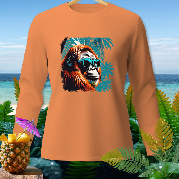 Orange long-sleeve shirt with an orangutan wearing sunglasses graphic.