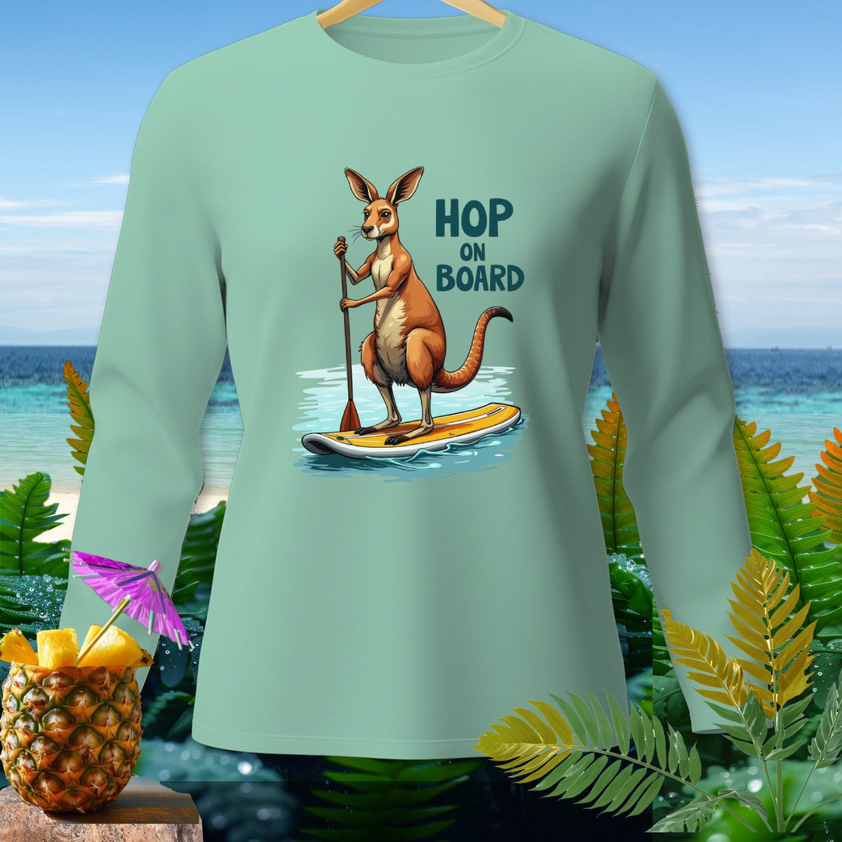 Long-sleeve shirt with kangaroo paddleboarding graphic and "Hop On Board" text.
