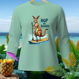Long-sleeve shirt with kangaroo paddleboarding graphic and 